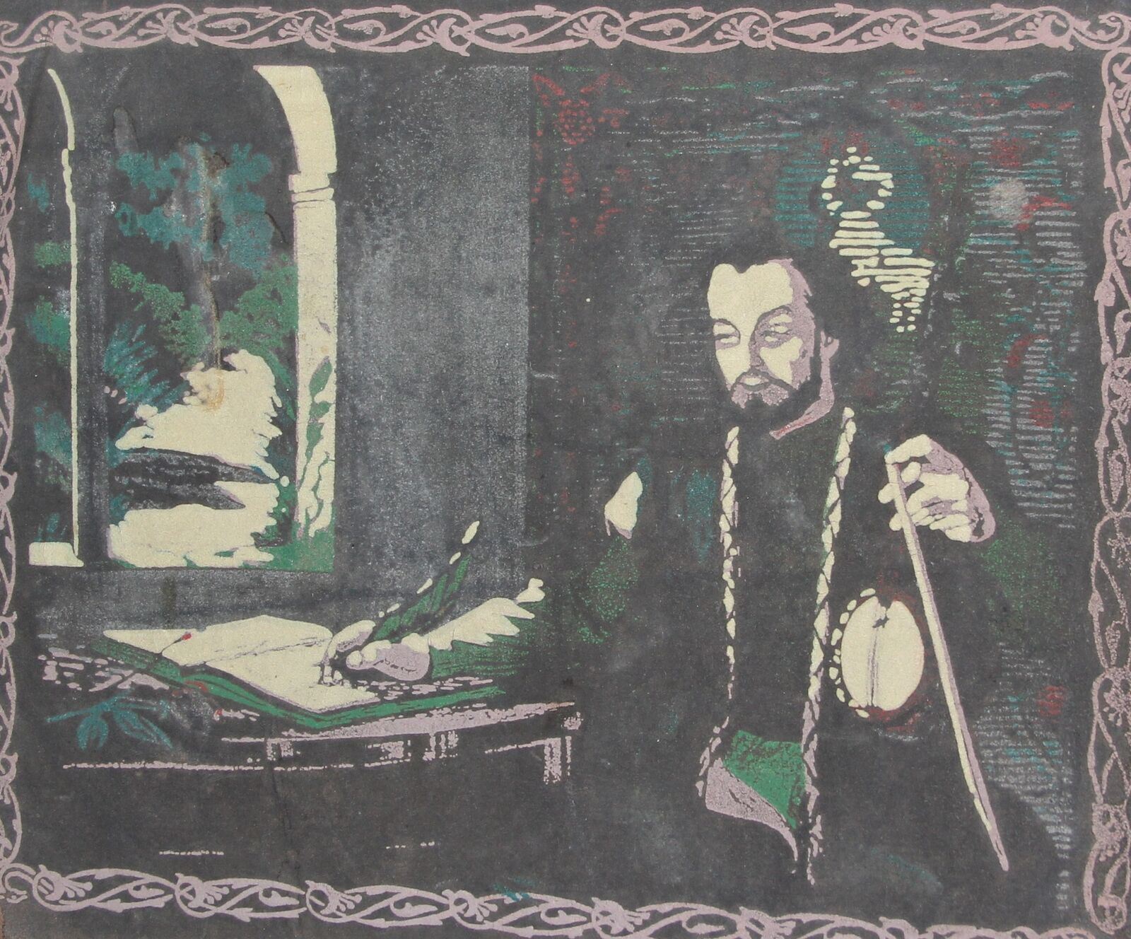 Antique gouache painting man in a study portrait