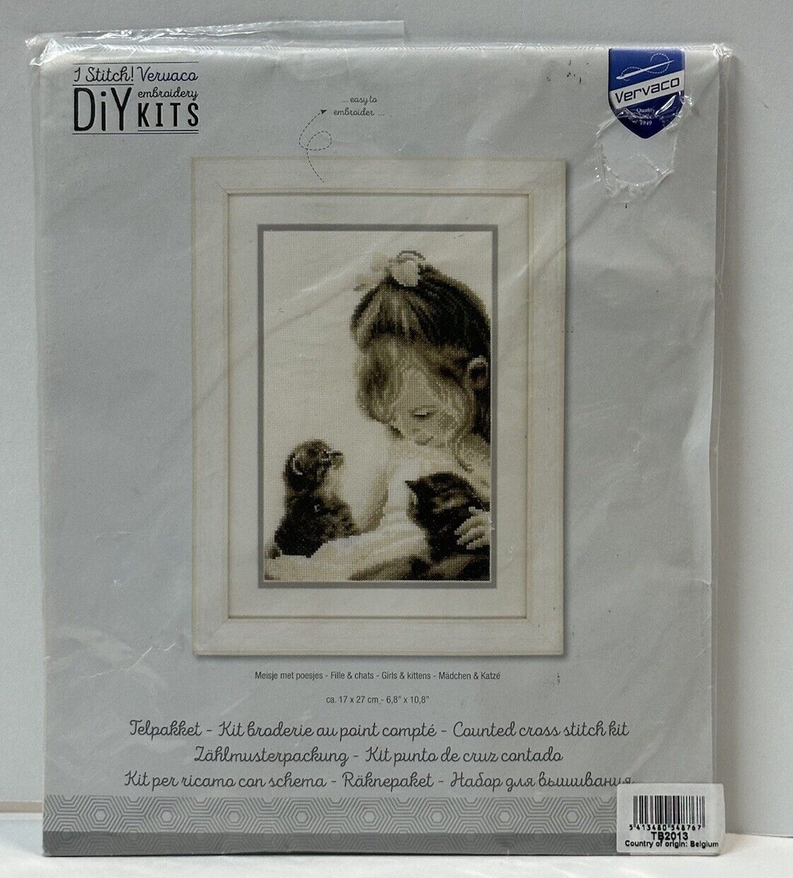 Vtg VERVACO Cat Counted Cross Stitch Kit Girls & Kittens Neutrals New Sealed