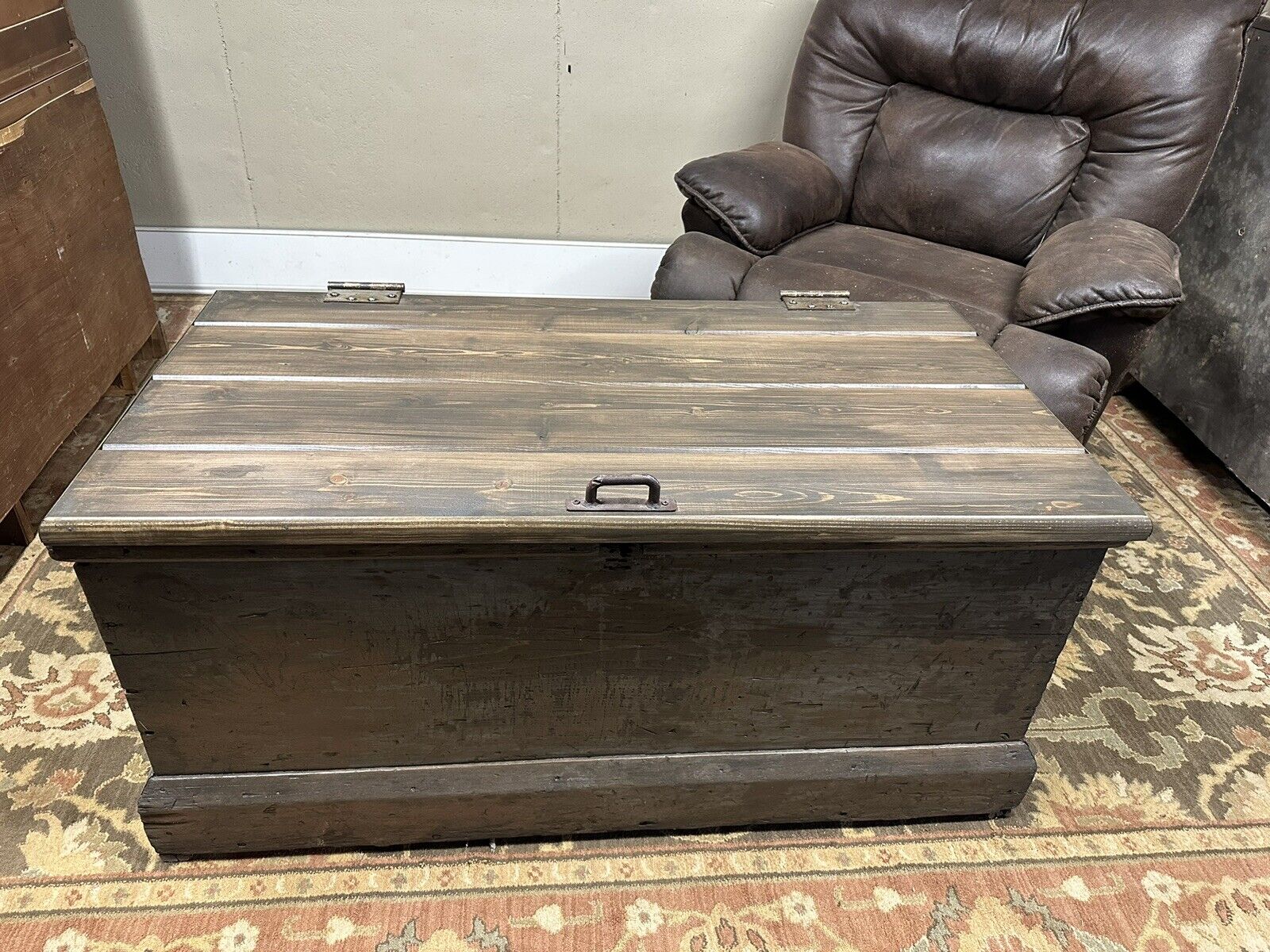 Antique Trunk Chest Large, Made with square nails, Lid Has Been Replaced.