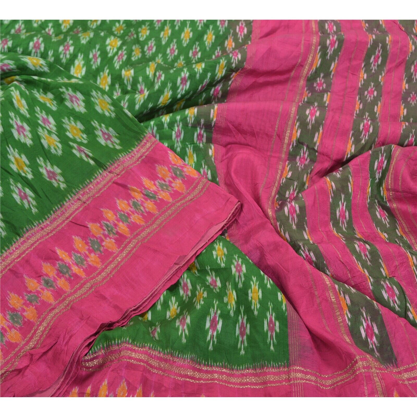 Sanskriti Vintage Pochampally Green Handwoven Pure Silk Ikat Sarees Sari Fabric