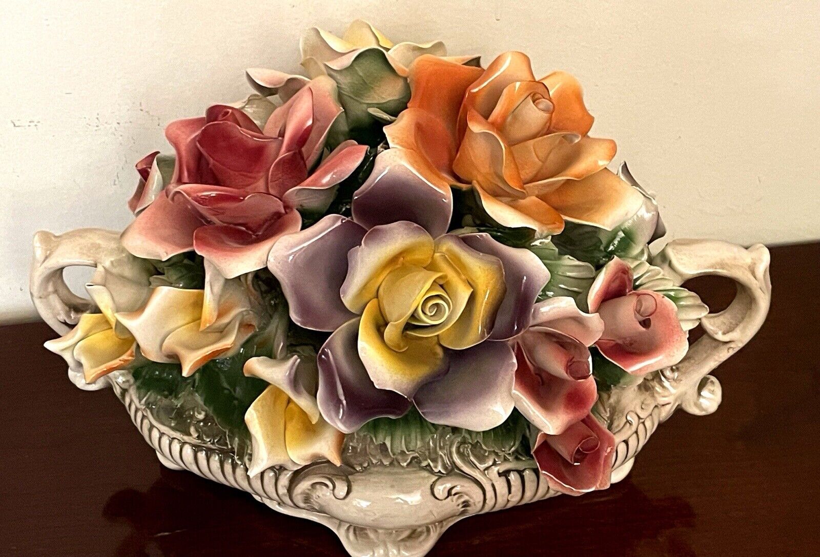 Vintage Capodimonte Porcelain Nuova Flower Basket Centerpiece Italy Large - RARE