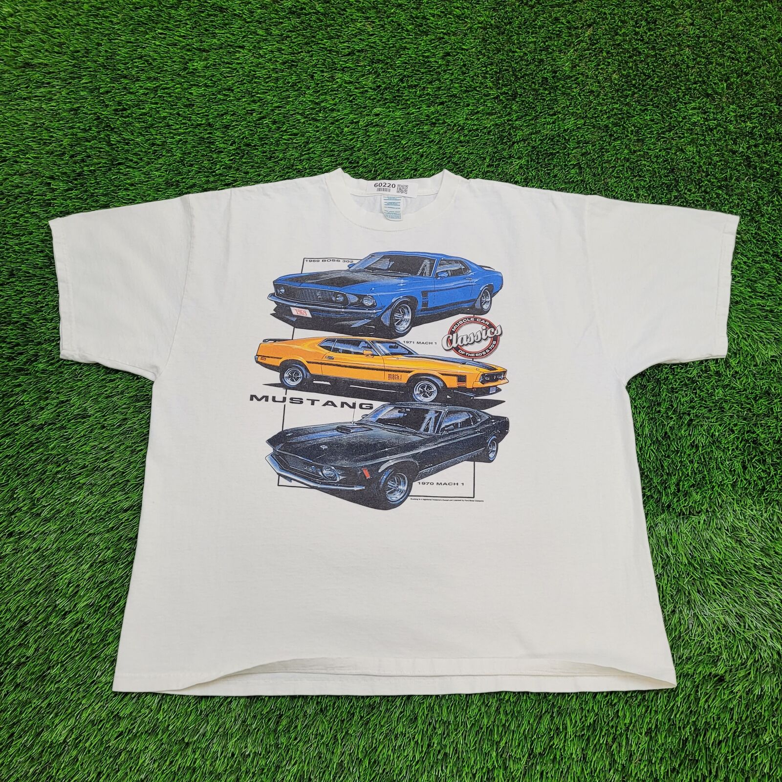 Vintage 90s Mustang Ford-Mach-1 Sportscar Shirt 2XL 25x27 White Automotive Retro