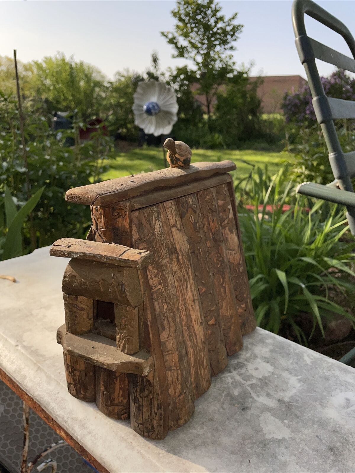 Very Unique Antique Bird House Has Hand Carved Bird On Top. Real Wormhole Siding