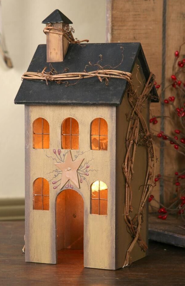 Primitive Wood Tan/Beige SALTBOX HOUSE ELECTRIC LIGHTED Home Grapevine 12\