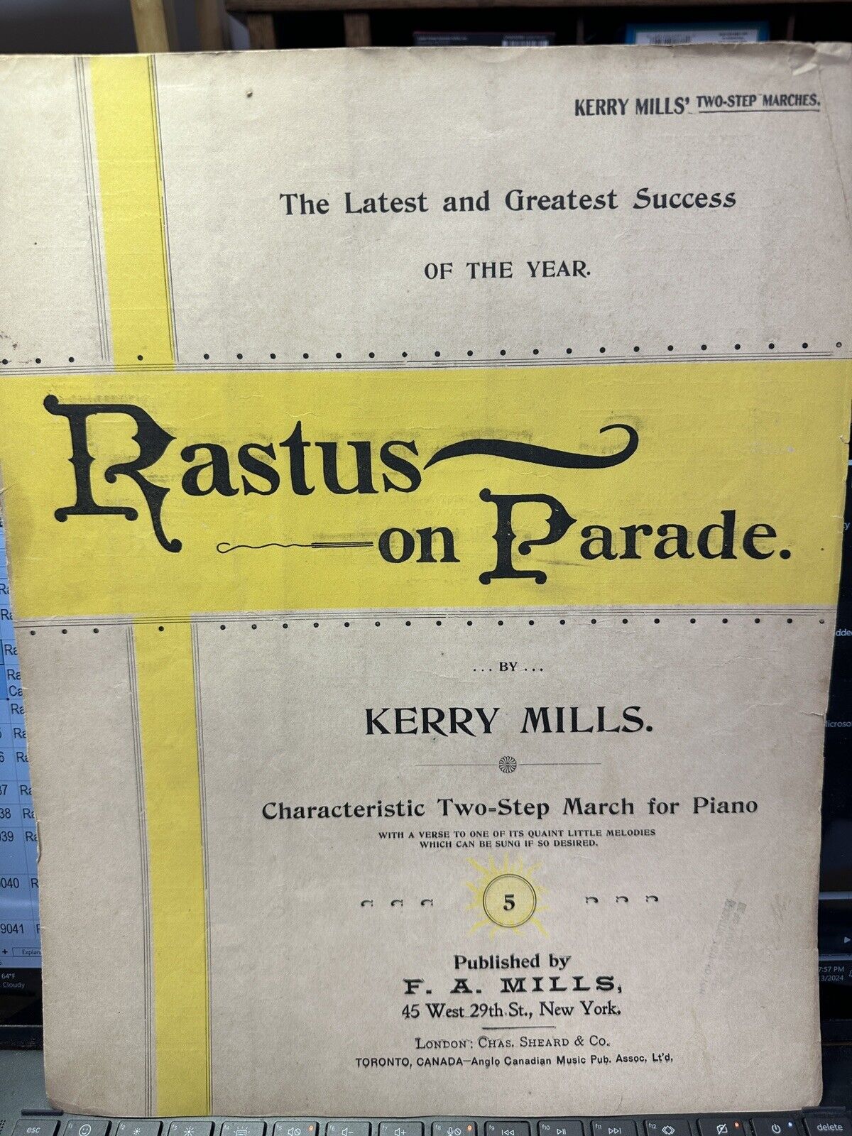 1895 Ragtime Sheet Music RASTUS ON PARADE by Kerry Mills