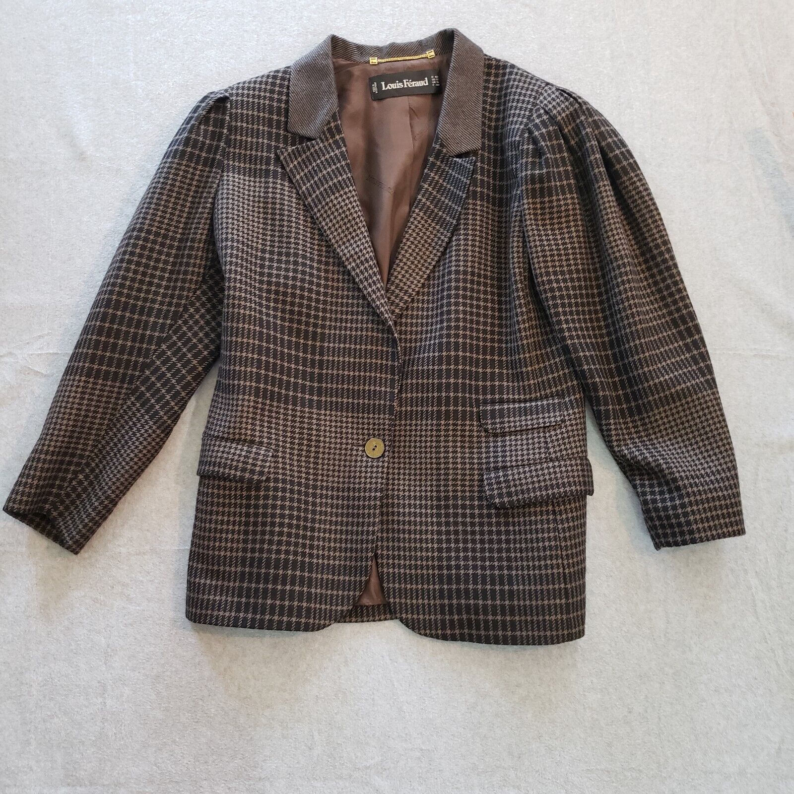 Louis Féraud Womens 12 Brown Plaid Blazer Wool Jacket Vintage 80s