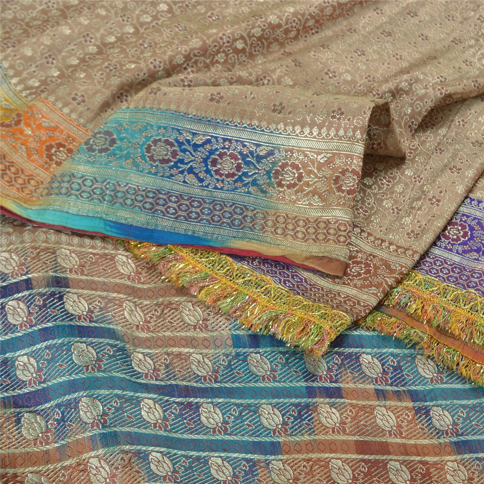 Sanskriti Vintage Beige Heavy Sarees Pure Satin Silk Woven Brocade Sari Fabric
