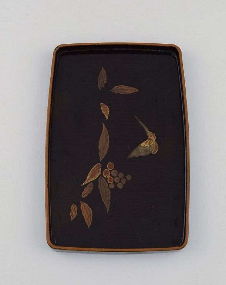 Japanese lacquer tray in exotic wood with hand-painted butterfly.