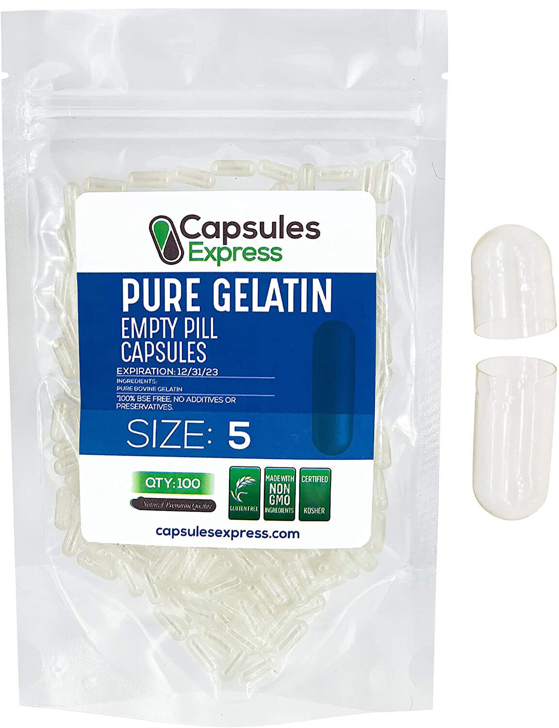 Size 5 Clear Empty Gelatin Pill Capsules Kosher Gel Caps Gluten-Free USA Made 
