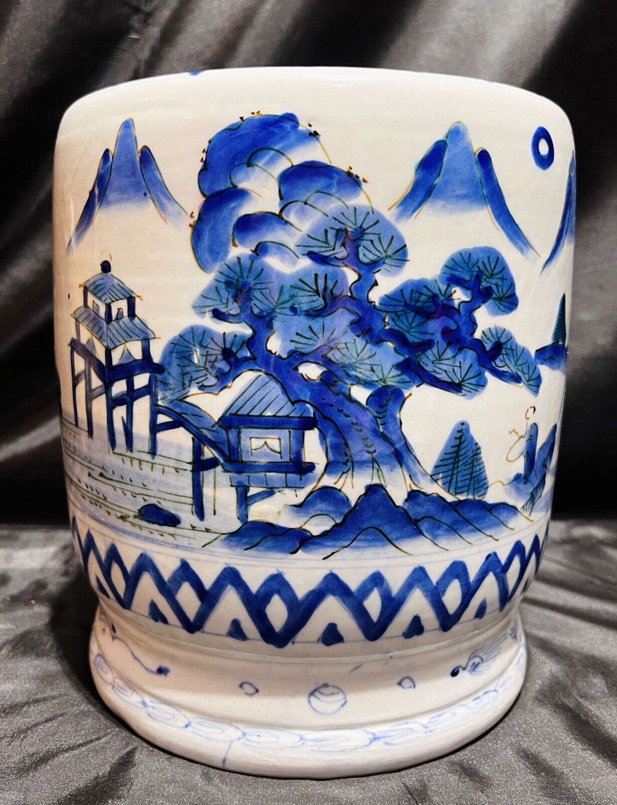 Antique 8.5” Meiji Period Blue & White Japanese Planter / Hibachi Pot W/ Pagodas