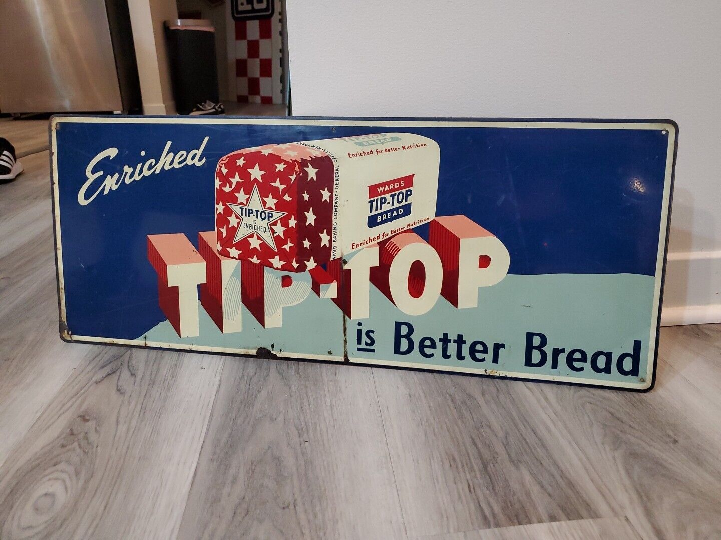 c.1940s Original Vintage Enriched Tip Top Bread Sign Metal New York Wards RARE 
