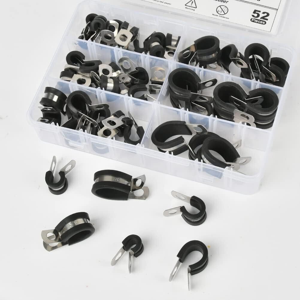 52pc Rubber Cushion Insulated Clamp Stainless Steel Cable Clamps Assortment Kit