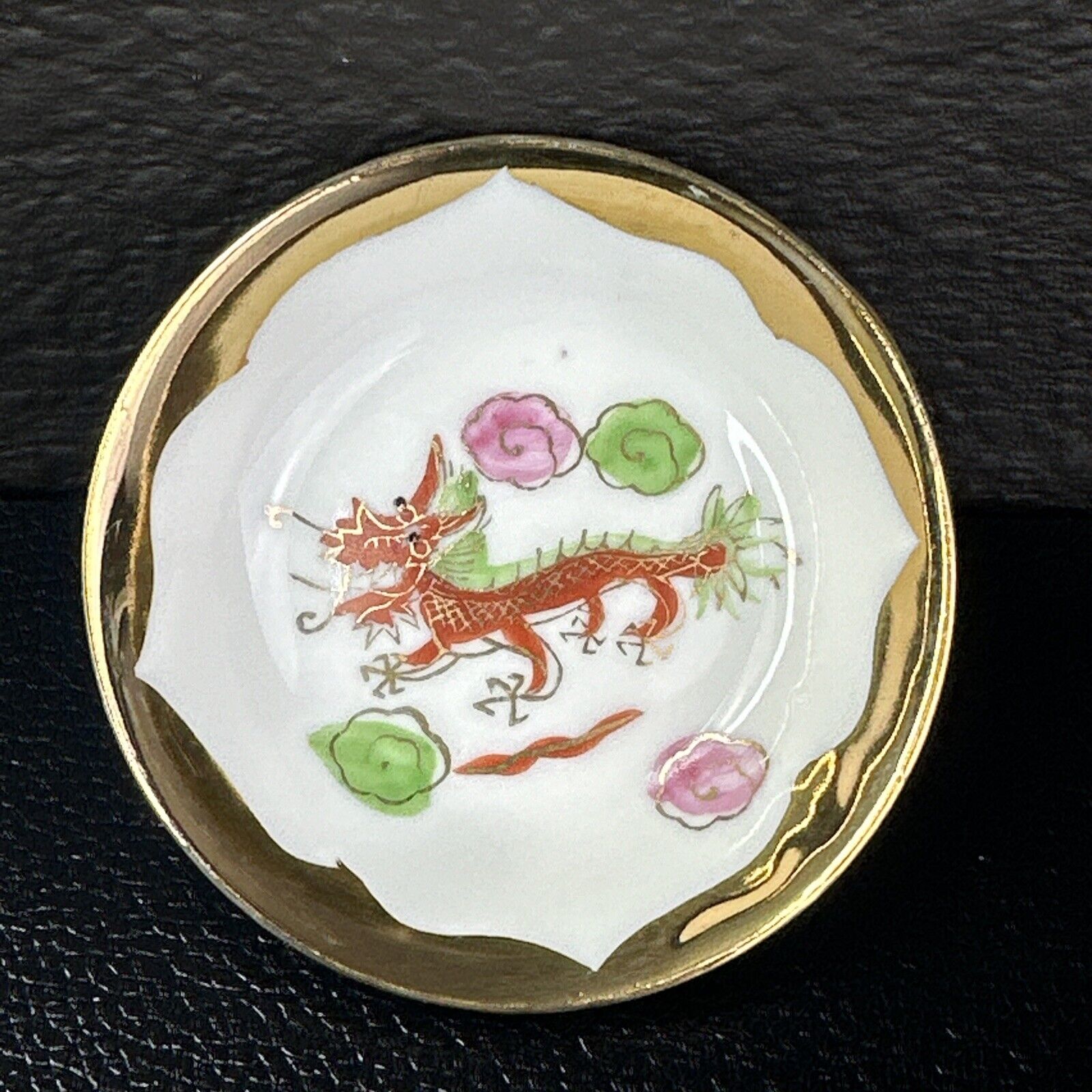 Vintage 1970 Chinese Dragon 24K Gold Small Trinket Dish Bowl Dipping Cup Set 3