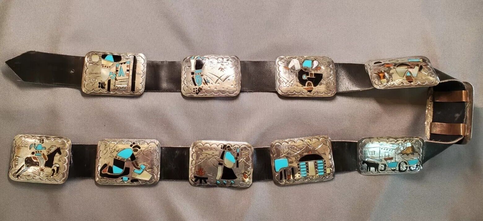 Navajo VINTAGE Signed B B Sterling Rectangular Conchos 45 Inch Leather Belt
