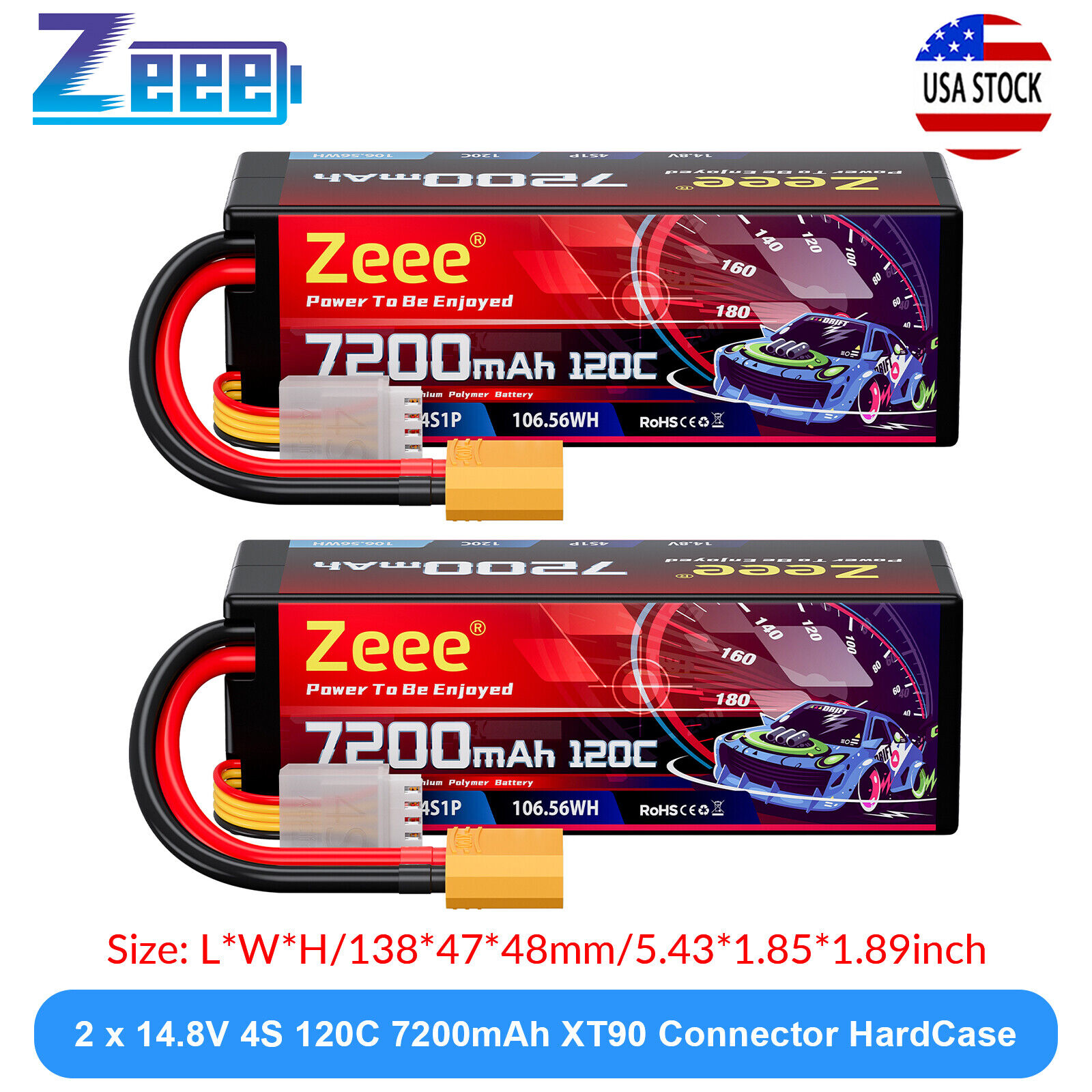 2x Zeee 4S Lipo Battery 7200mAh 14.8V 120C XT90 Hardcase for RC Car Truck Buggy