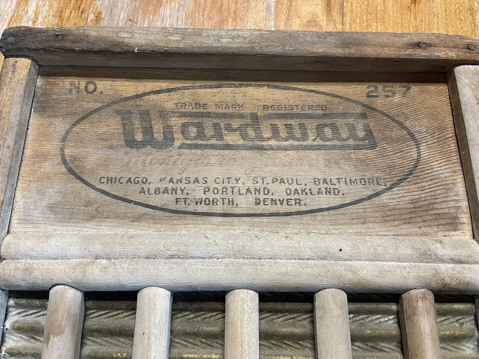 Montgomery Wards Vintage Washboard, Wooden, Brass #257 Wardway