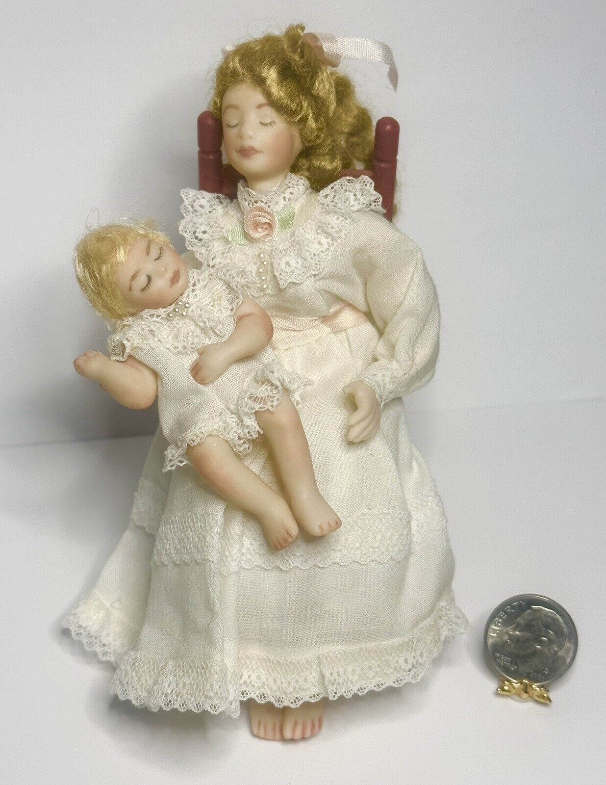 Vintage Dollhouse Artisan Sleeping Woman And Child / Baby Doll 1:12 Miniature