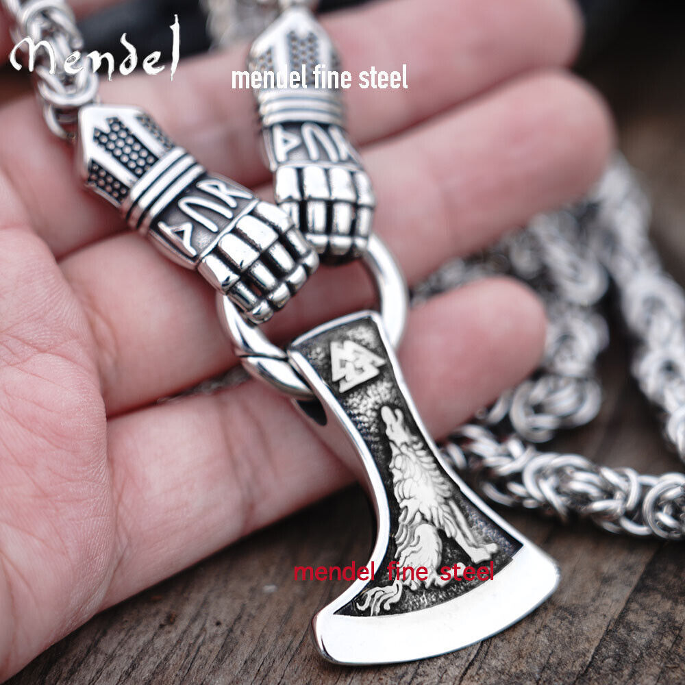 MENDEL Mens 30 Inch Stainless Steel Viking Axe Wolf Raven Pendant Necklace Chain