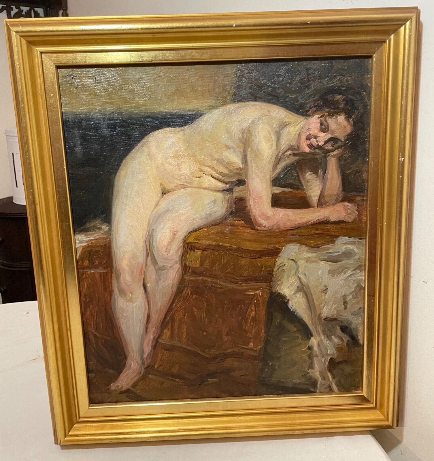 Antique orig. Frederik Lange Oil on Canvas Nude Lady Study painting expressive