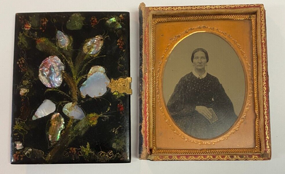 Quarter Plate Mother of Pearl Tintype Mother Holding Another Photo