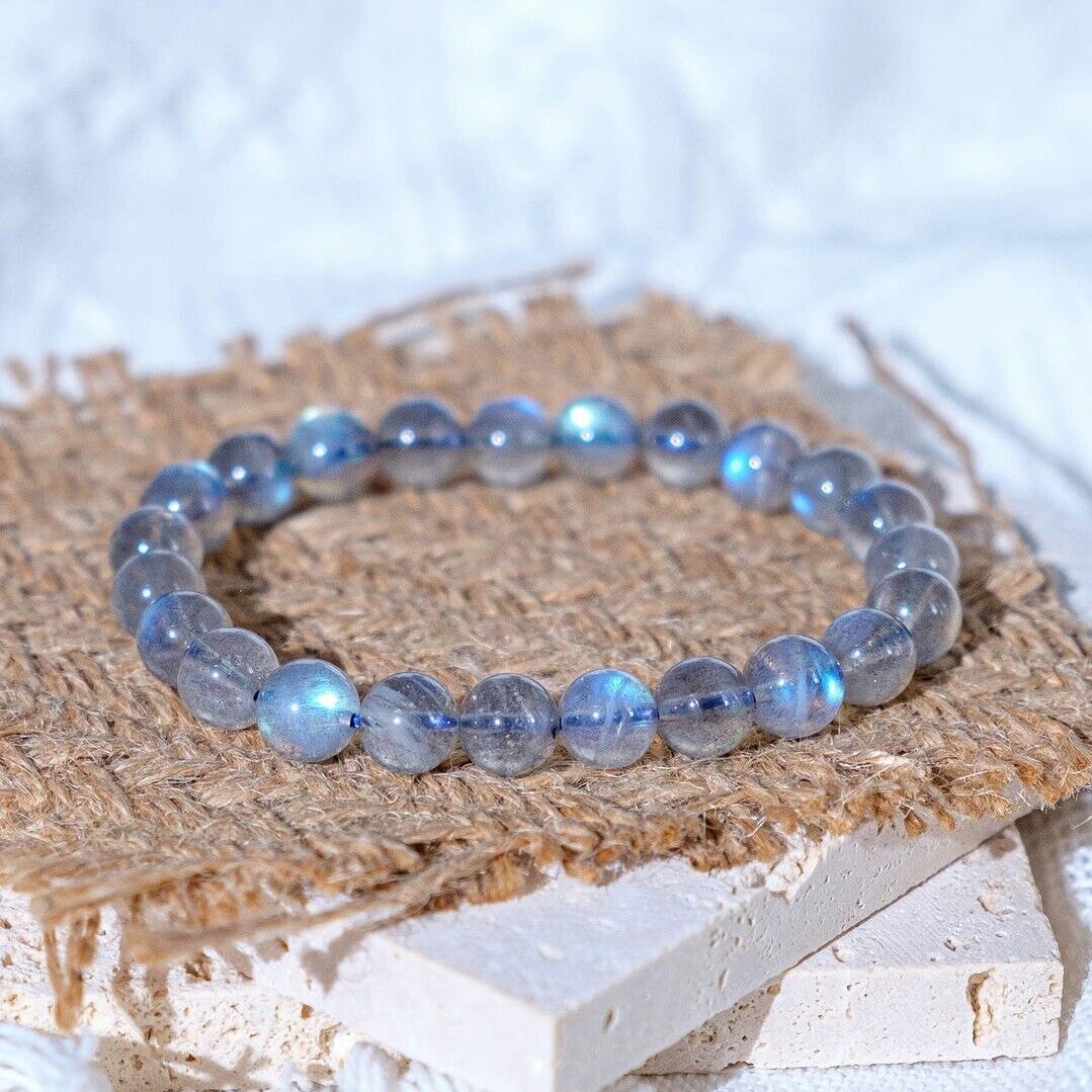 Natural Moonstone Stone Bracelet 7mm Ice Blue Crystal Stretch Bracelet Handmade