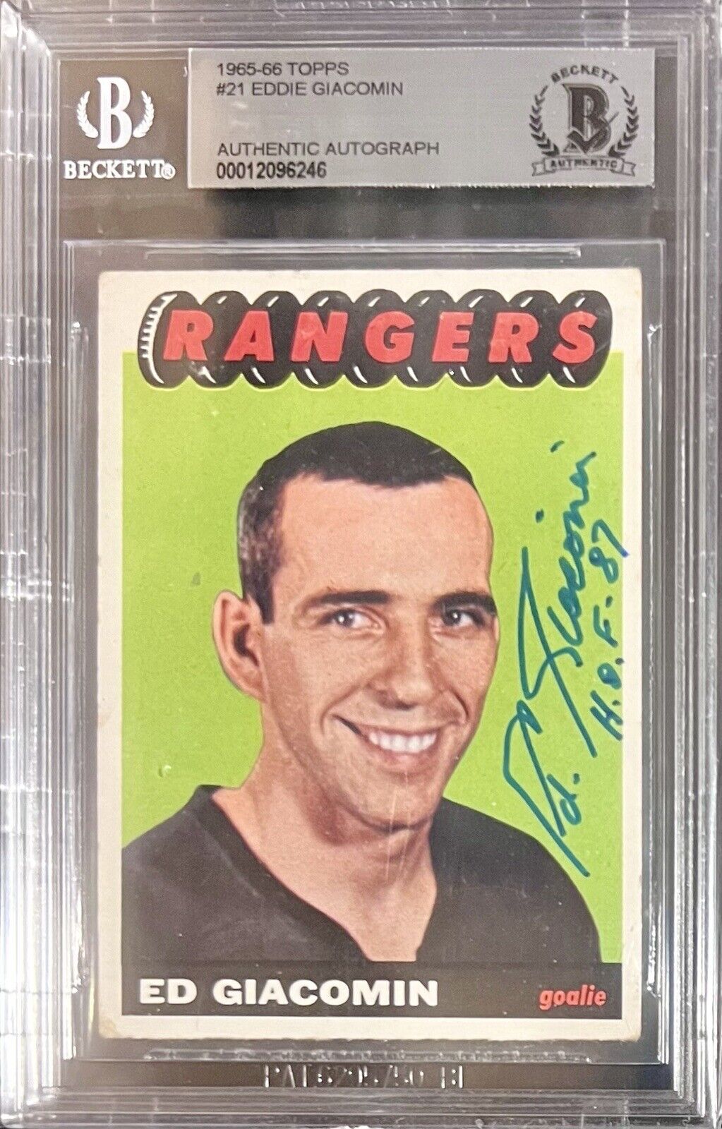 1965-66 Topps #21 Ed Giacomin Rookie RC Signed Auto BAS Authentic HOF