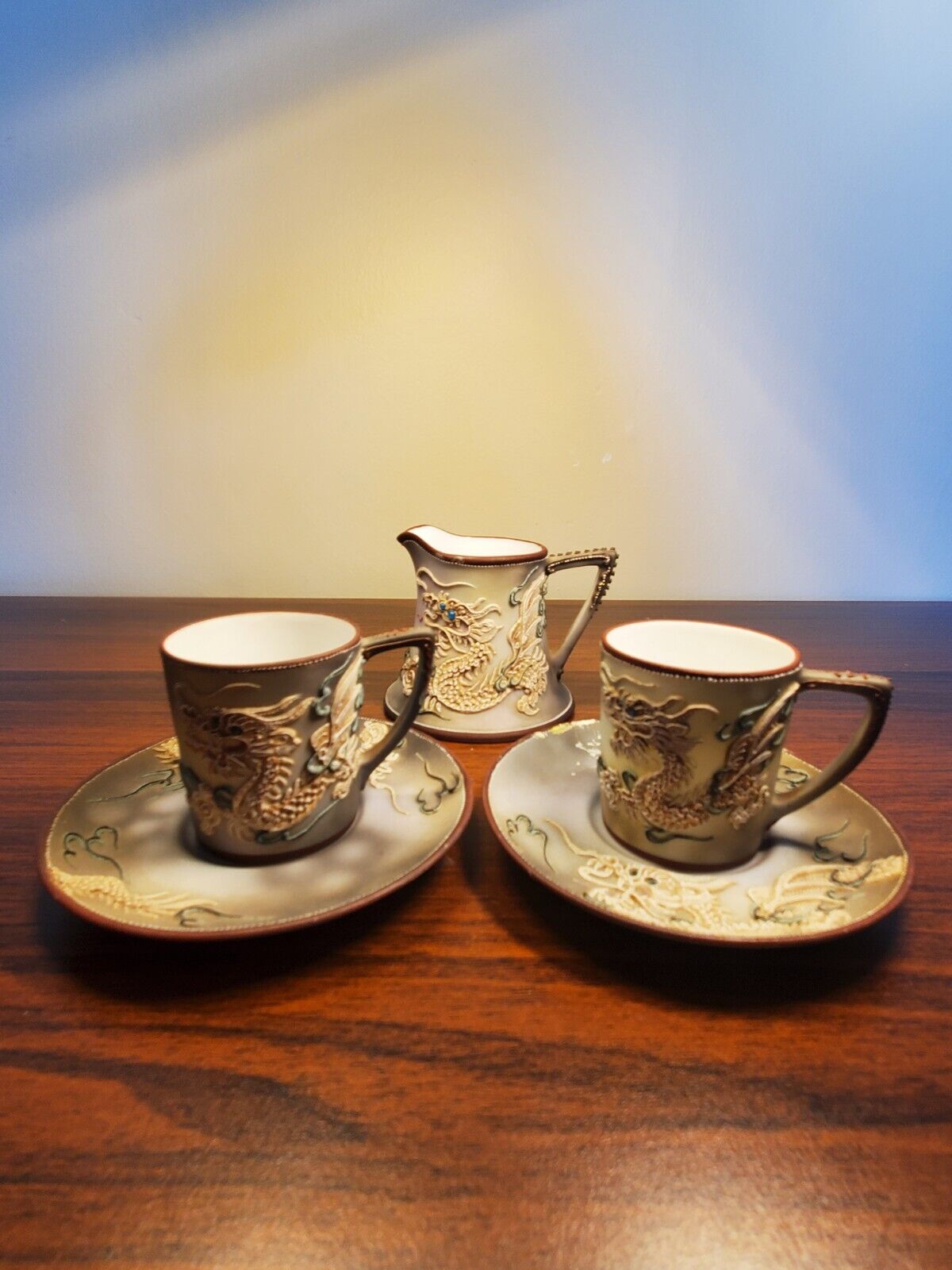 Vintage Moriage Takito Dragonware 2 Tea Cup and Saucer Creamer Miniature 3\