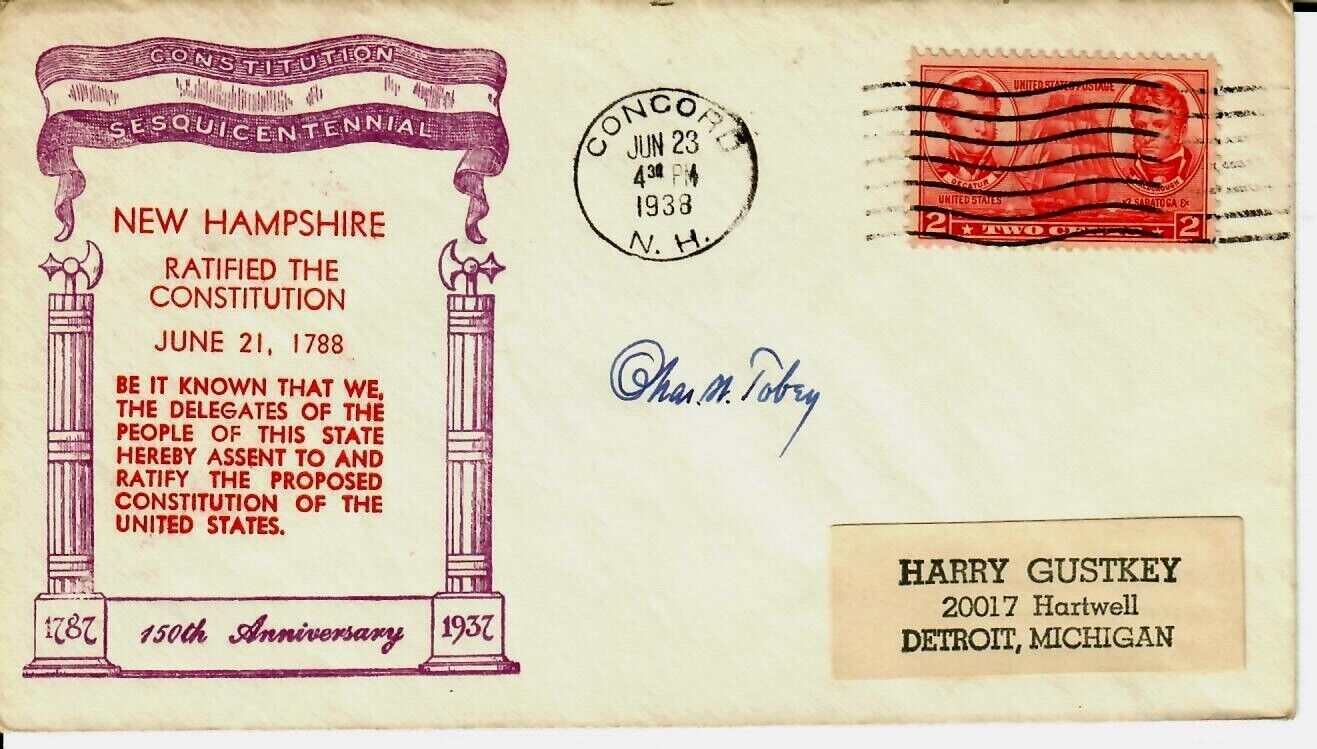 “62nd Governor of New Hampshire” Charles W Tobey Hand Signed Envelope Dated 1933
