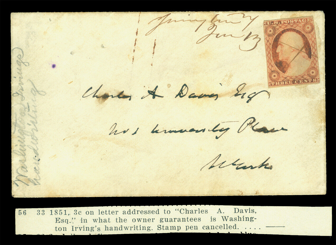 US 1851 Washington 3c cover from WASHINGTON IRVING addressed to Charles A. Davis