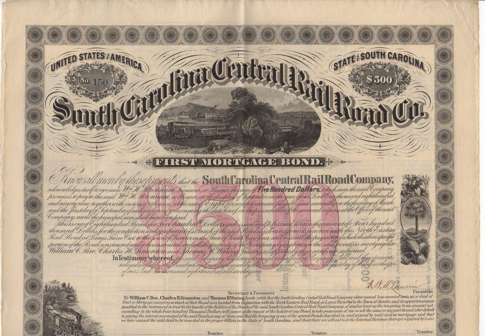 1871 $500 South Carolina Central Railroad Co. First Mortgage Bond
