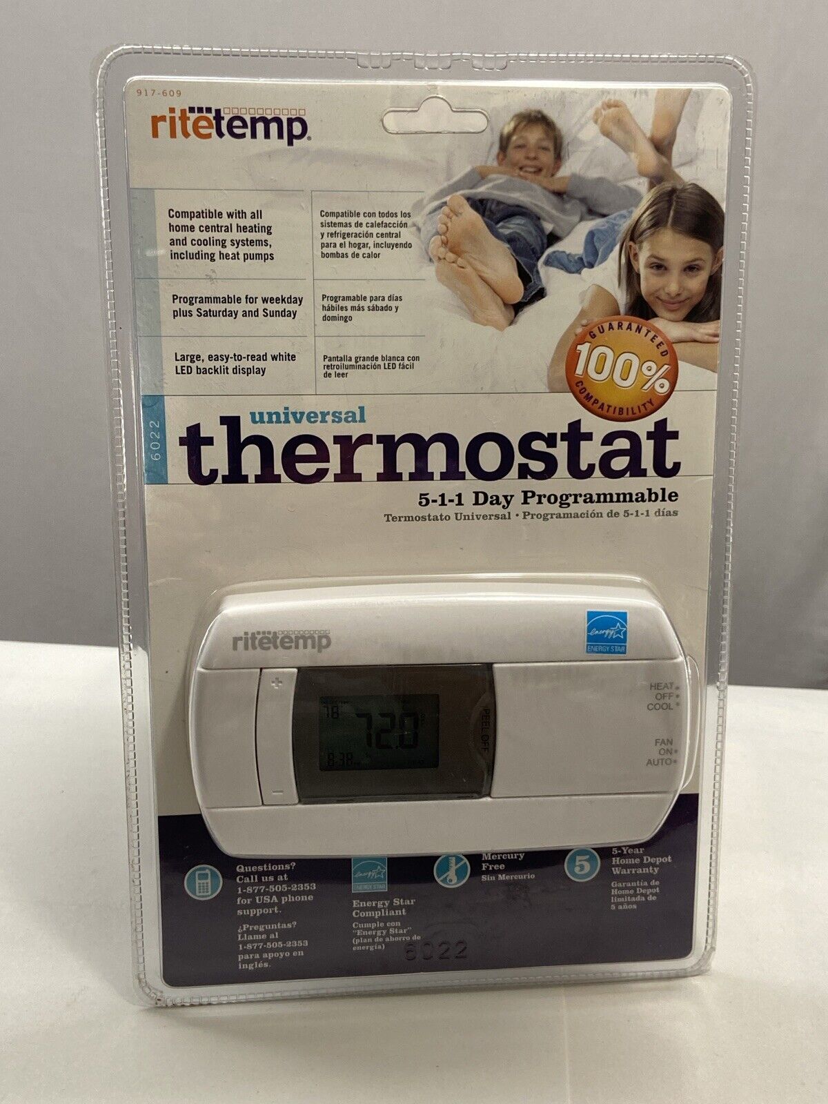 Ritetemp Universal Thermostat 5-1-1 Day Programmable #6022 Central Heat-Cool-Fan