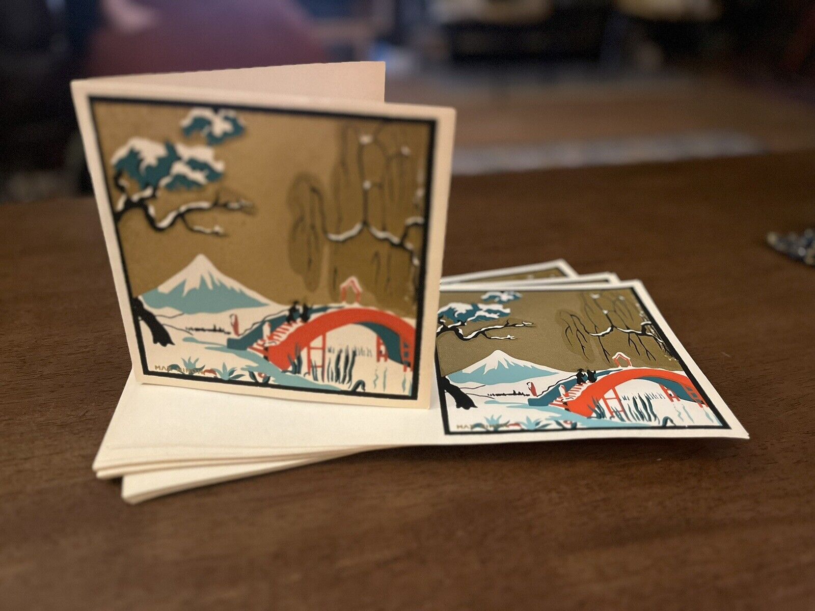 1930s Unfolded Cards MAX NINON Prints Japan Mt. Fuji Bridge Amazing Colors x 31
