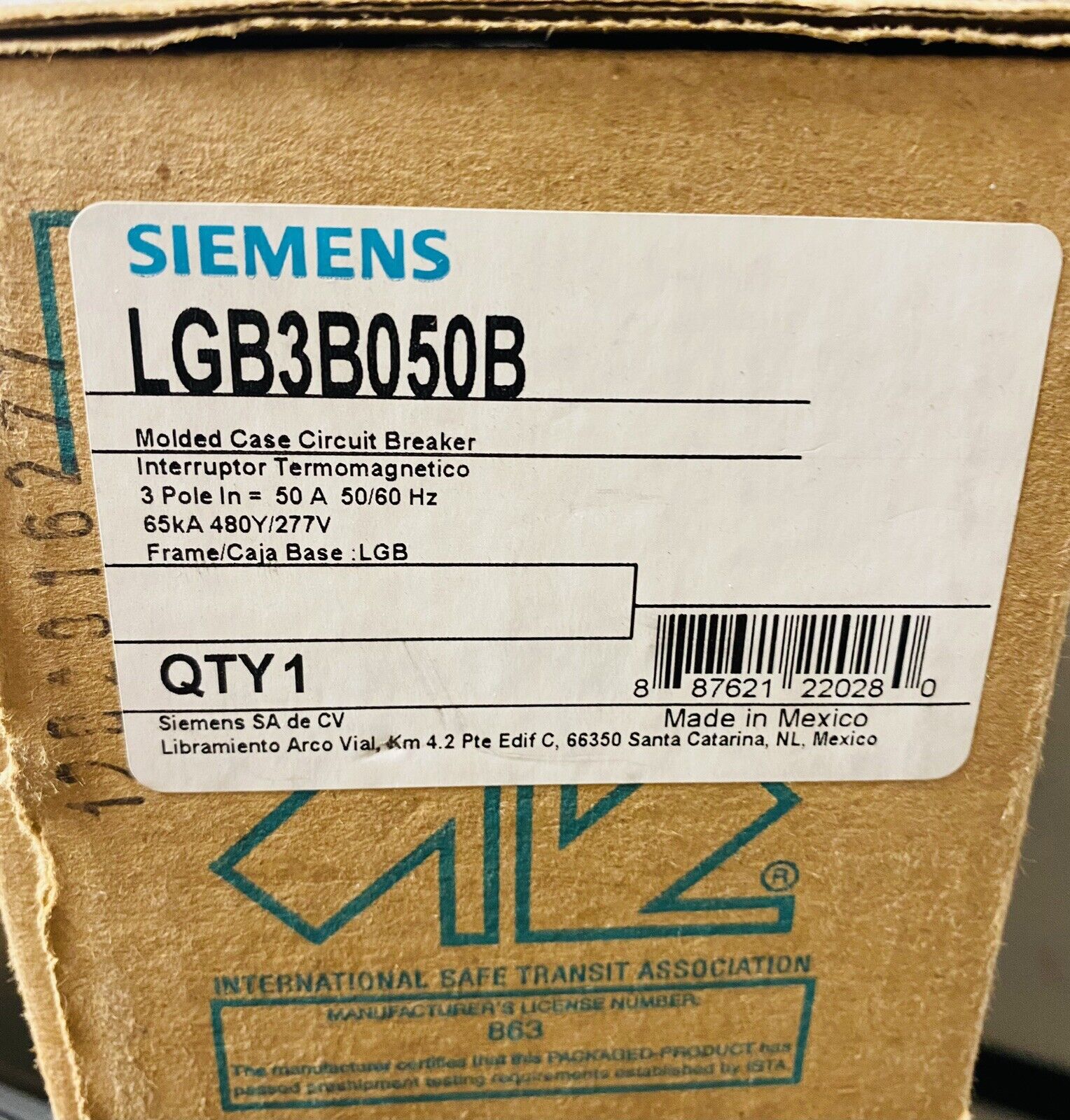 LGB Siemens LGB3B050 50 Amp 3P 600V 65kA@ 480V Circuit Breaker