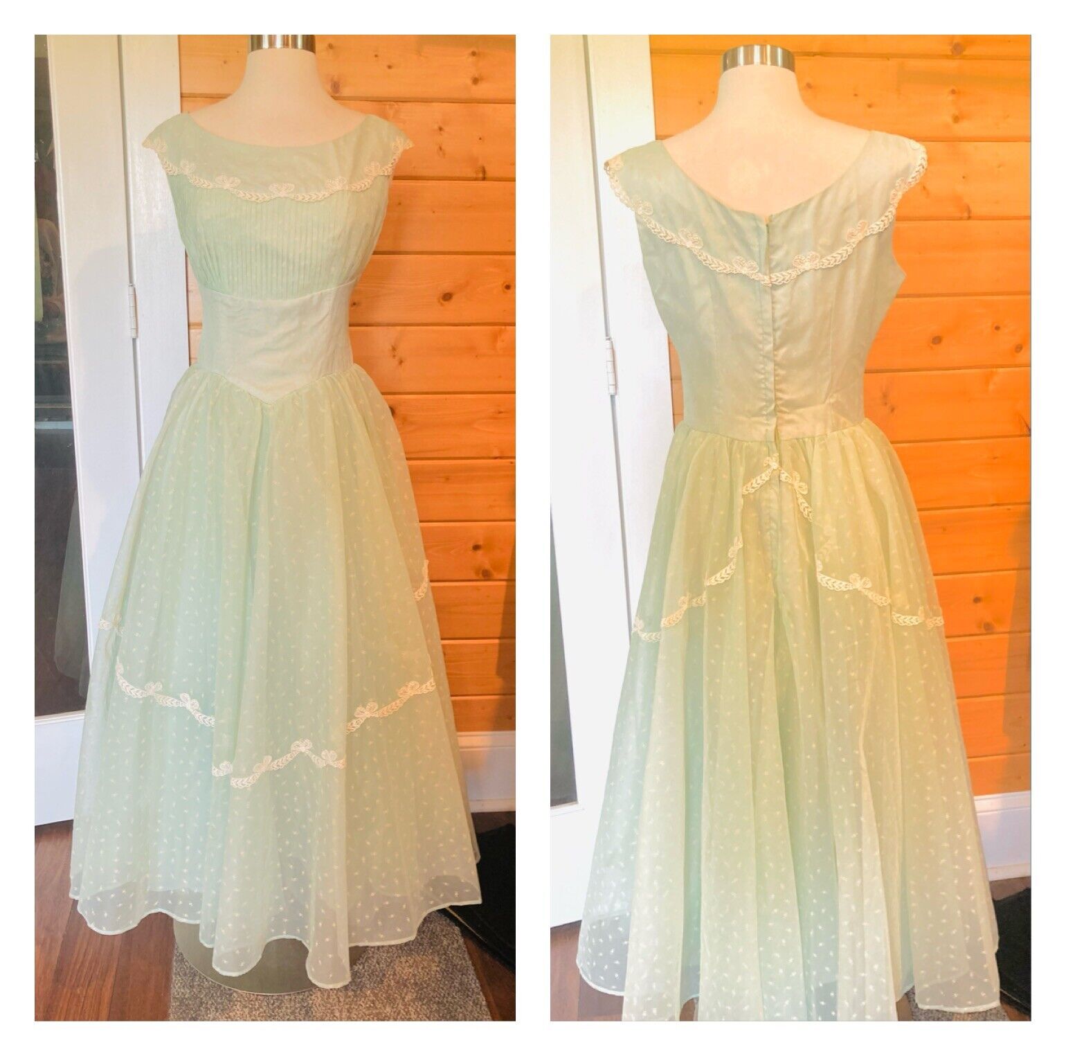 Vintage 1950s green flocked party dress maxi ball gown prom dress cupcake B 38