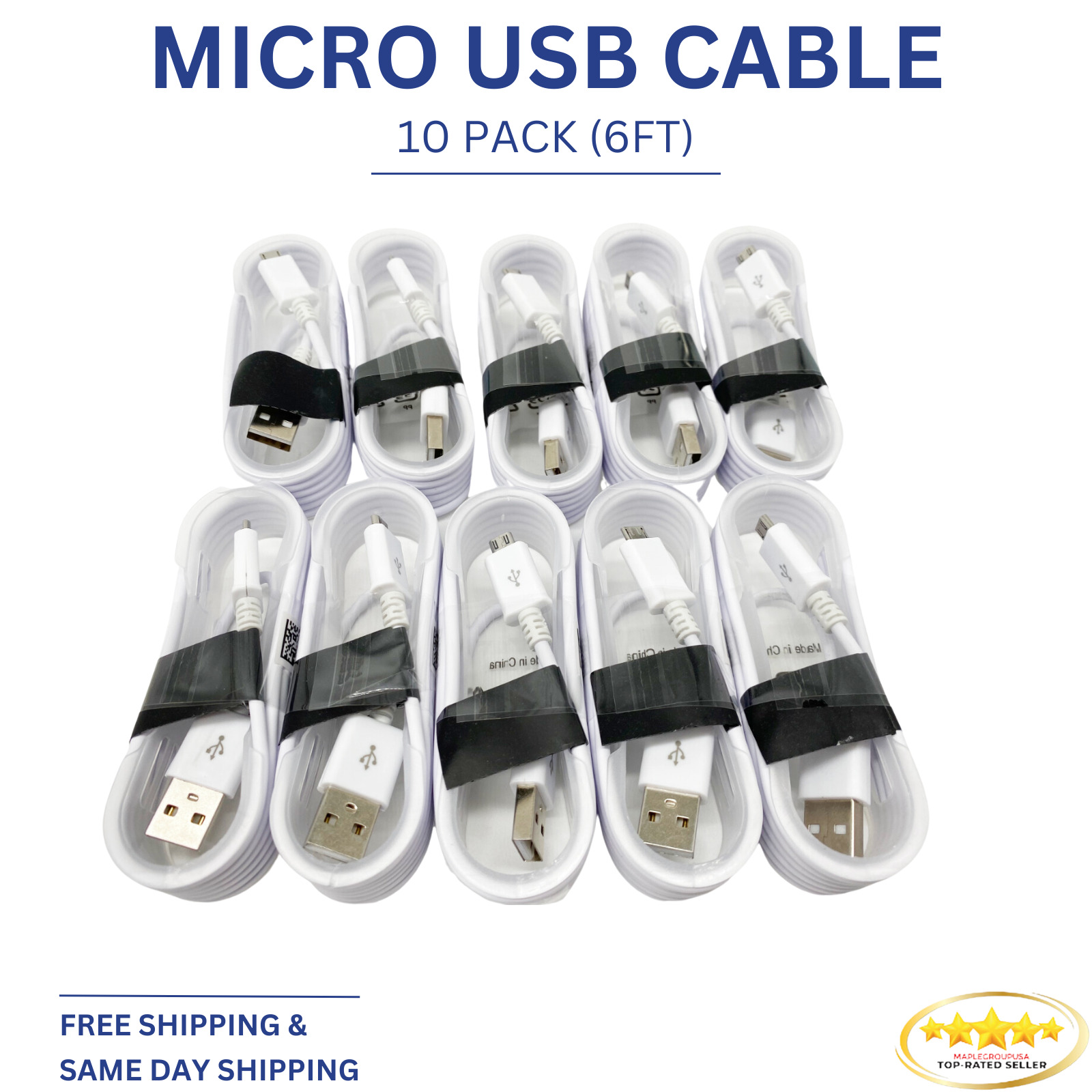 6FT 10x Lot Micro USB Cable Charging Wholesale Bulk Android AAA Grade V8/V9 Cabl