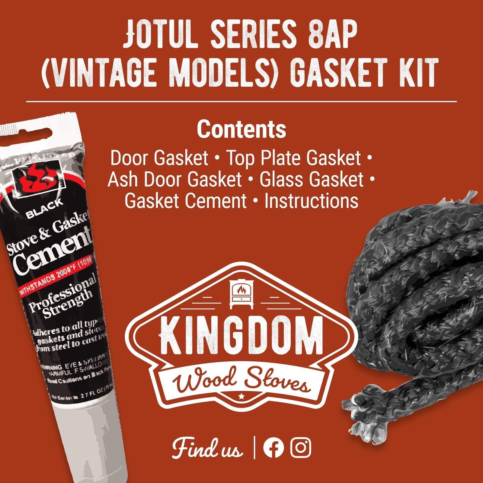 *Vintage* Jotul Series 8 (AP) Wood Stove Gasket Kit w Cement- 