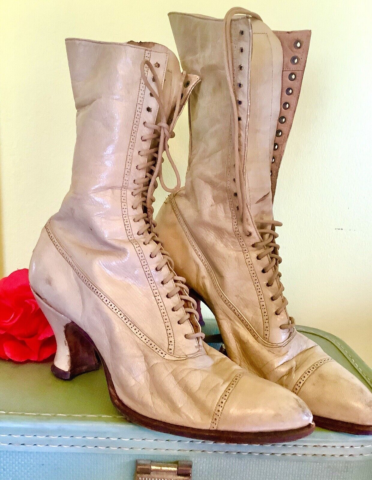 Antique VICTORIAN Boots High WITCH Cream ESTATE Leather M Lace Up SPRING Women