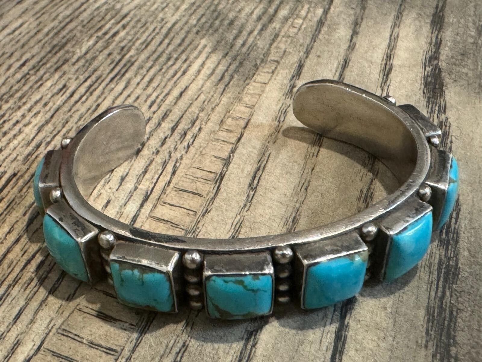 Native American Navajo Turquoise Sterling Row Cuff Bracelet, 8 Beautiful Stones