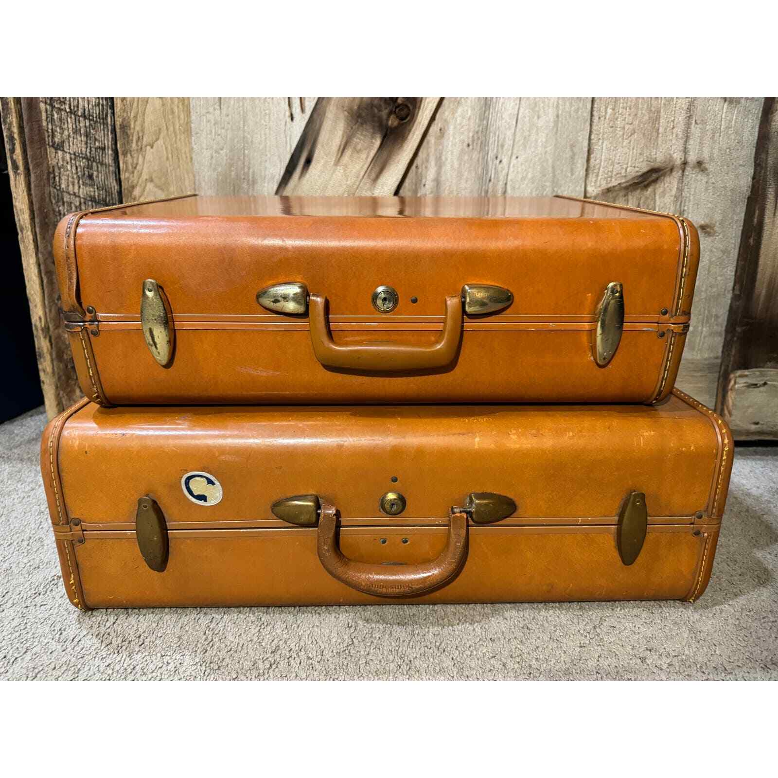 Set of 2 Vintage Brown Samsonite Shwayder Bros Suitcases Hard Shell Luggage