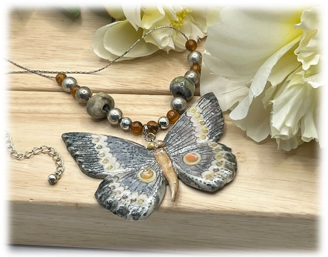Joy Elaine Praznik Artisan Ceramic Butterfly Pendant OOAK Necklace Clay Art CLE