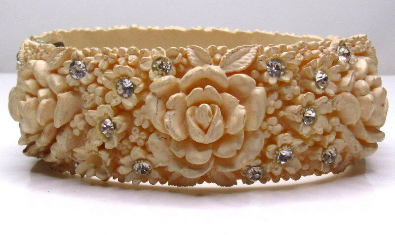 Vintage Clear Rhinestone Bracelet Bangle Featherlite  Floral Roses 