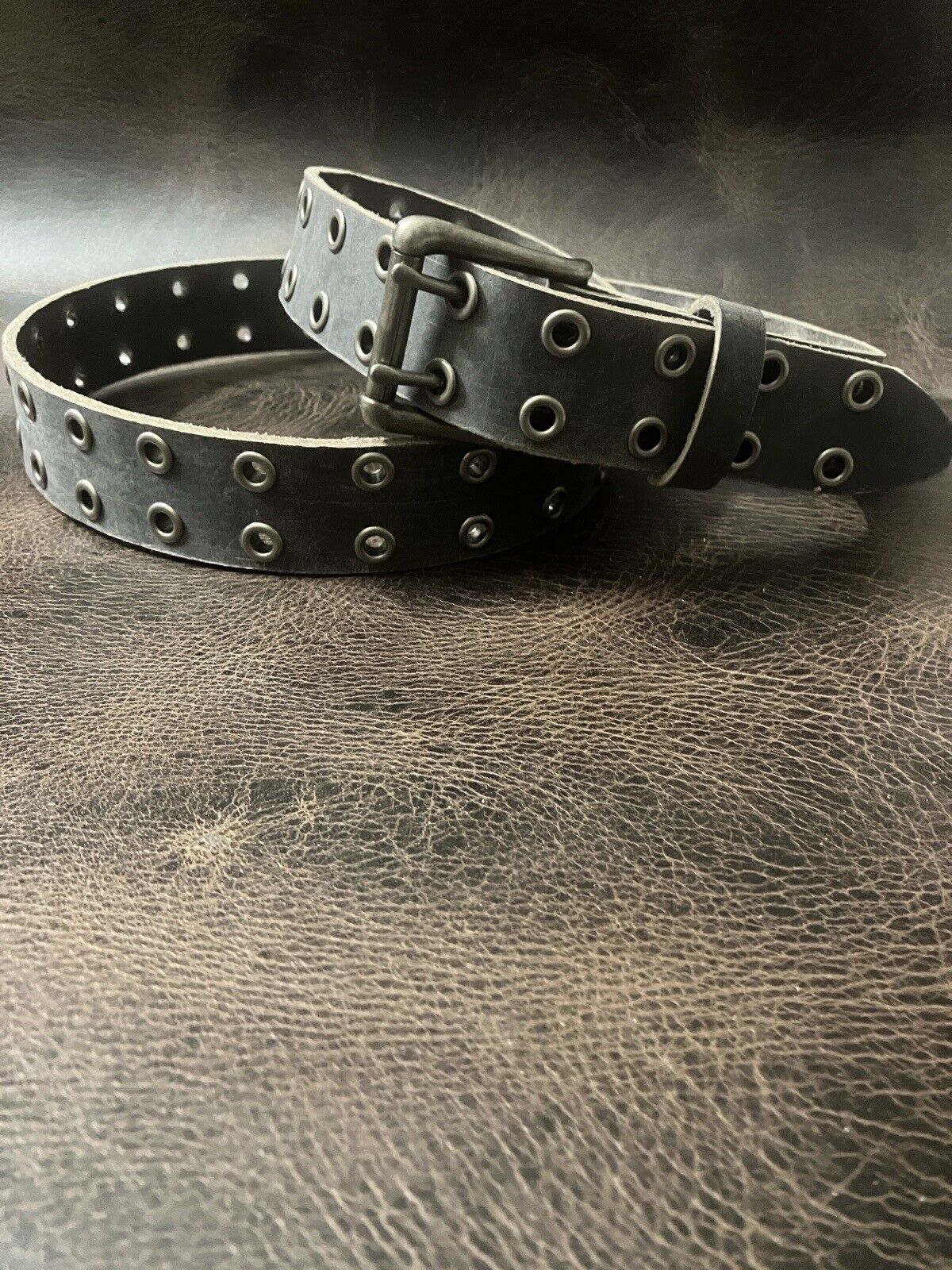 Gray Double Hole Leather Belt  Handmade 1.5” Wide Gunmetal Gray Eyelets/Grommets