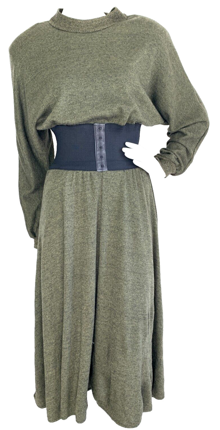 Vintage Dawn Joy Knit Dress Blouson Corset Belt Dolman Sleeve Midi Olive S VGUC