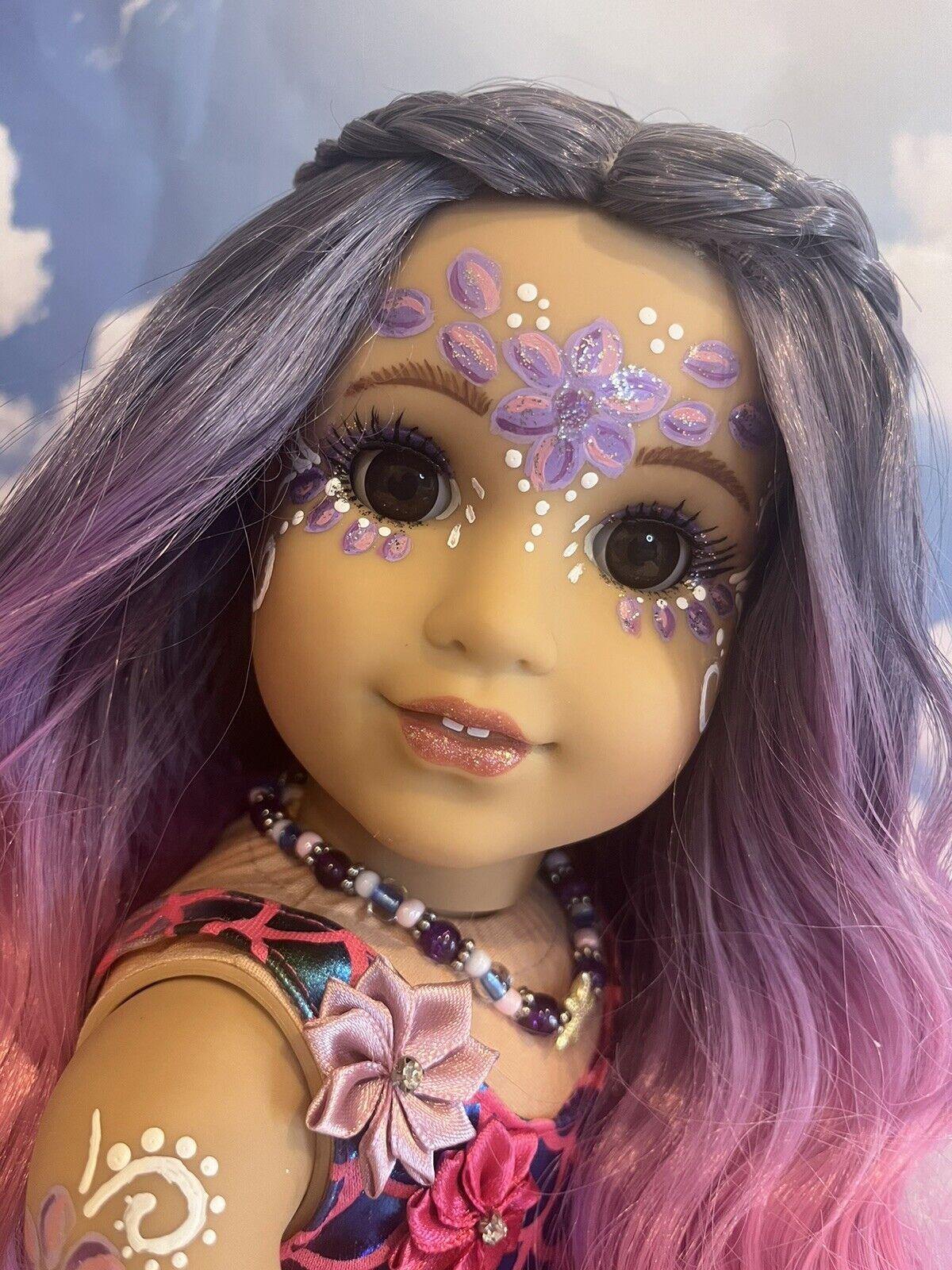 OOAK American Girl Doll Mermaid 18” Purple Pink Ombre Hair Facepaint Custom