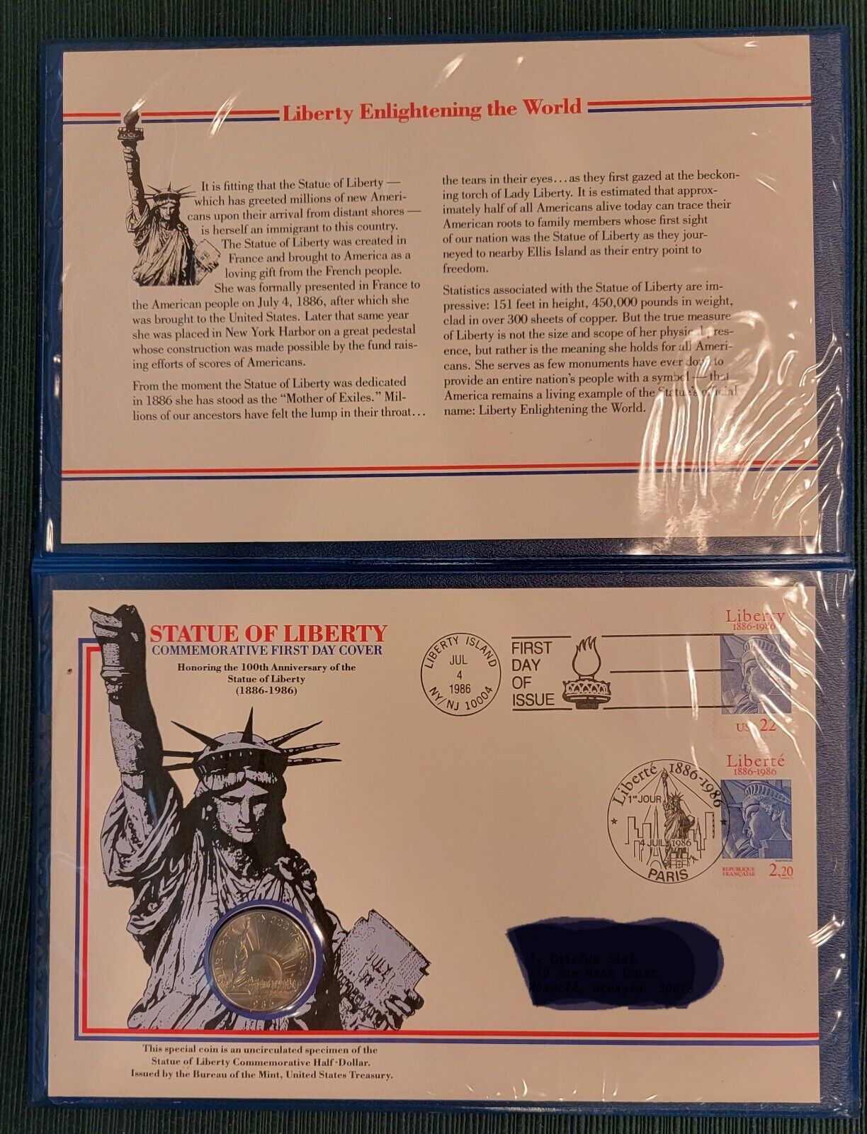 1986 Statue of Liberty Commemorative First Day Cover Uncirculated Half Dollar