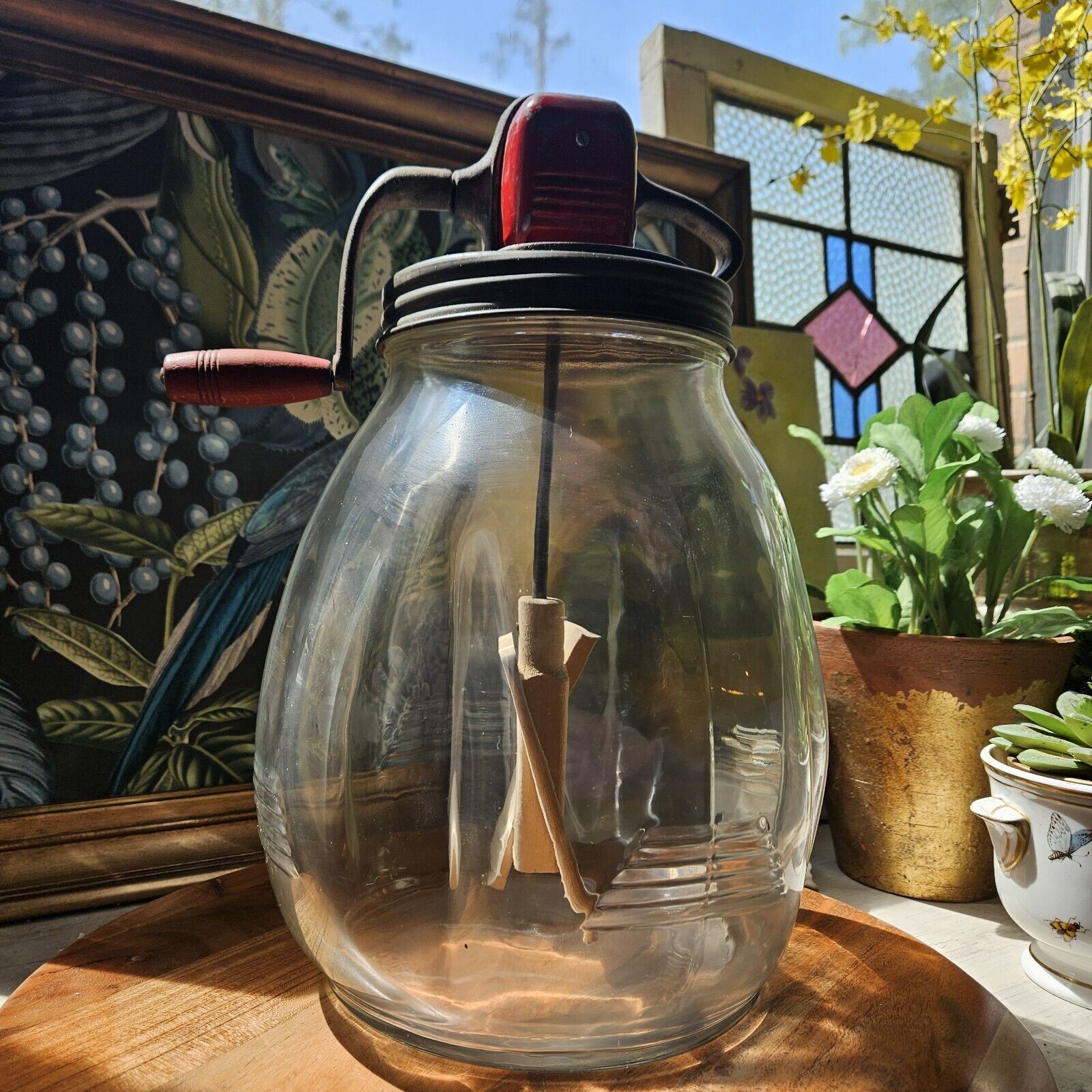 Antique Dazey Red Rectangular Butter Churn #80 Glass Jar Wood Paddle 10/1931