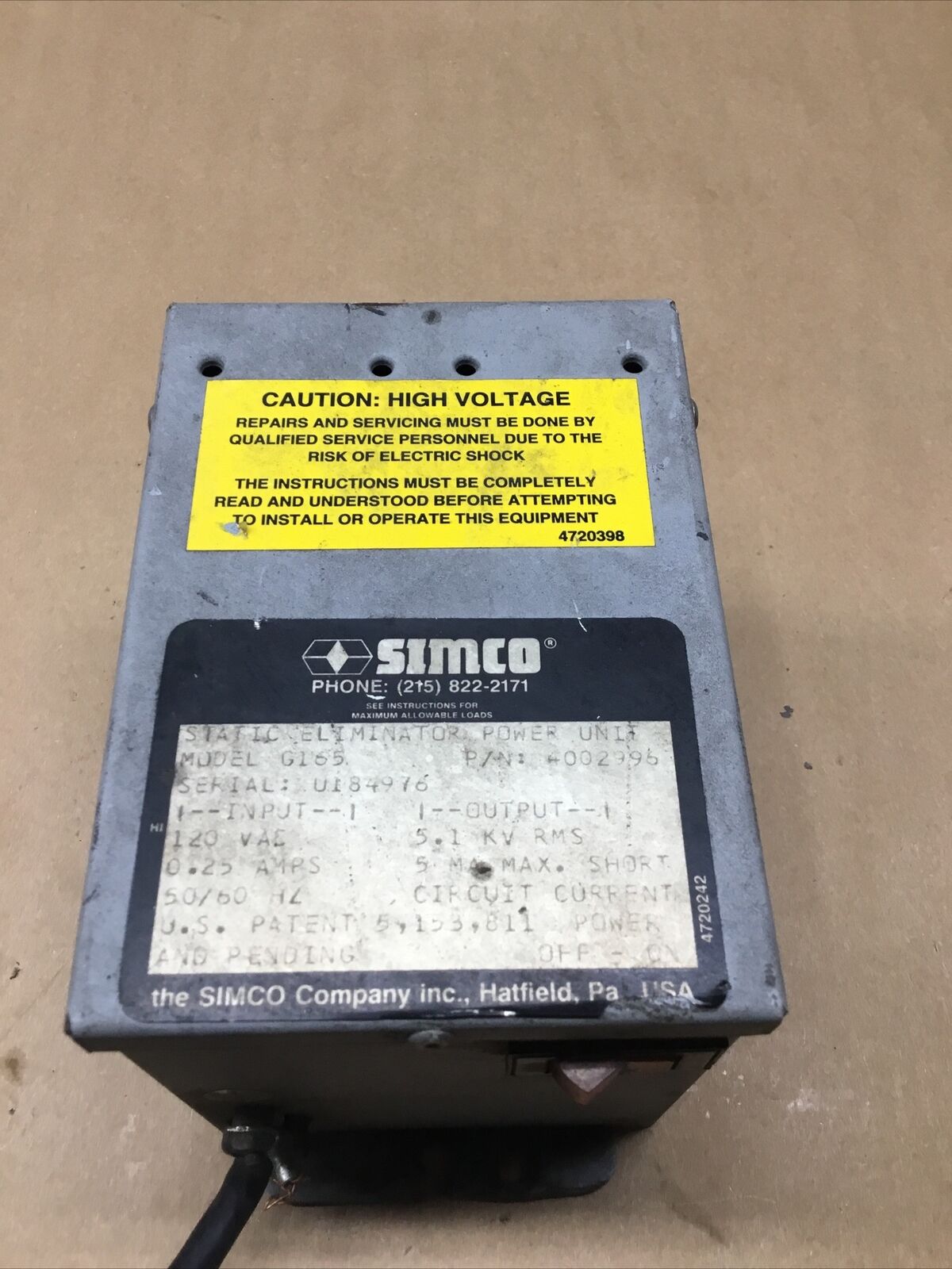 Simco Static Eliminator Power Unit , G165 P/N 4002996 #705F60FML