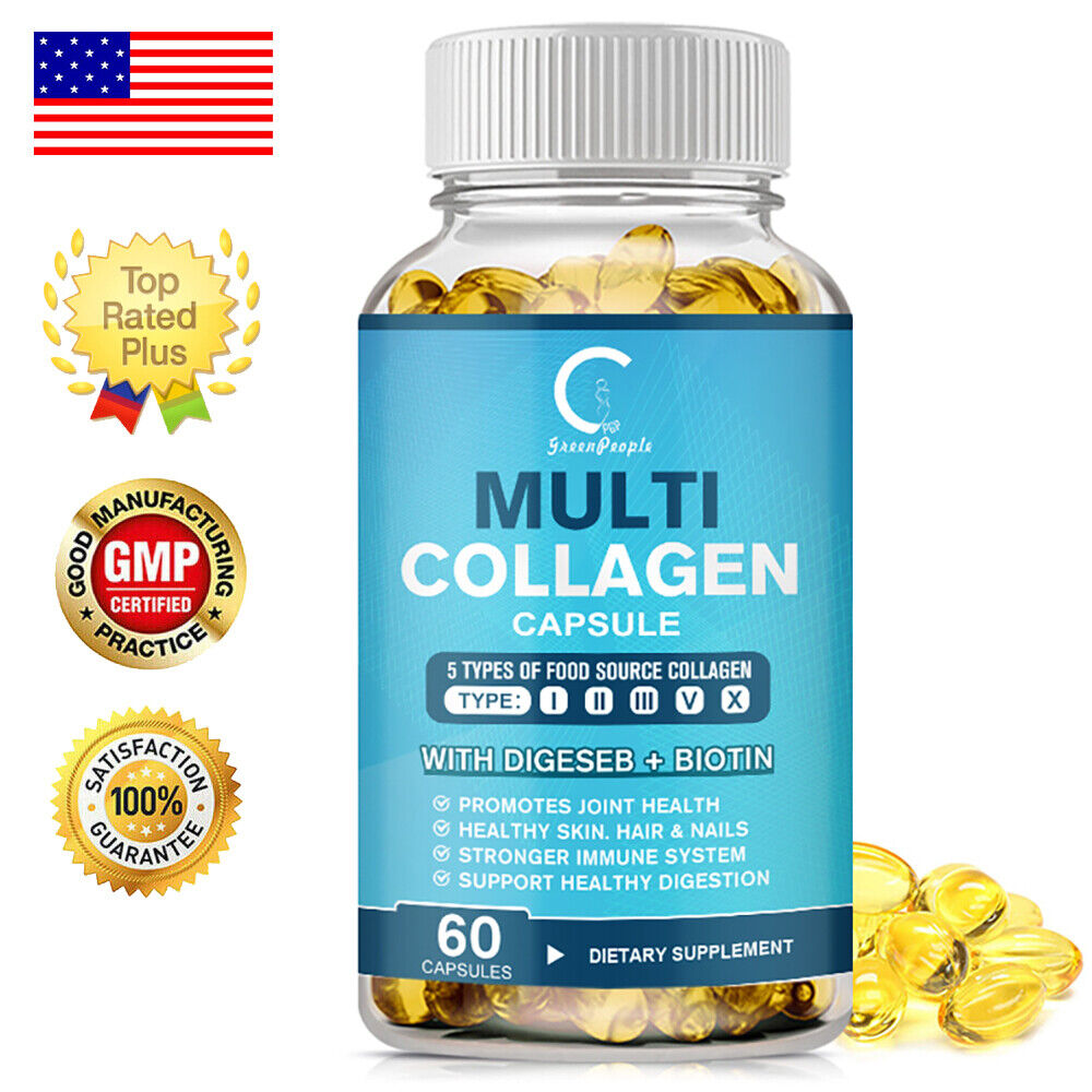 Multi Collagen Peptides-60 Capsules-Type I,II,III,V,X Anti-Aging Collagen Pills