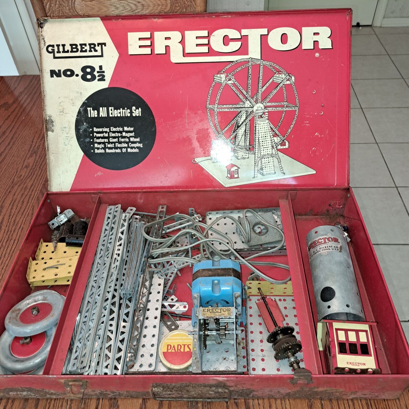 Vintage Gilbert Erector All Electric Set #8 1/2 in Original Red Metal Case