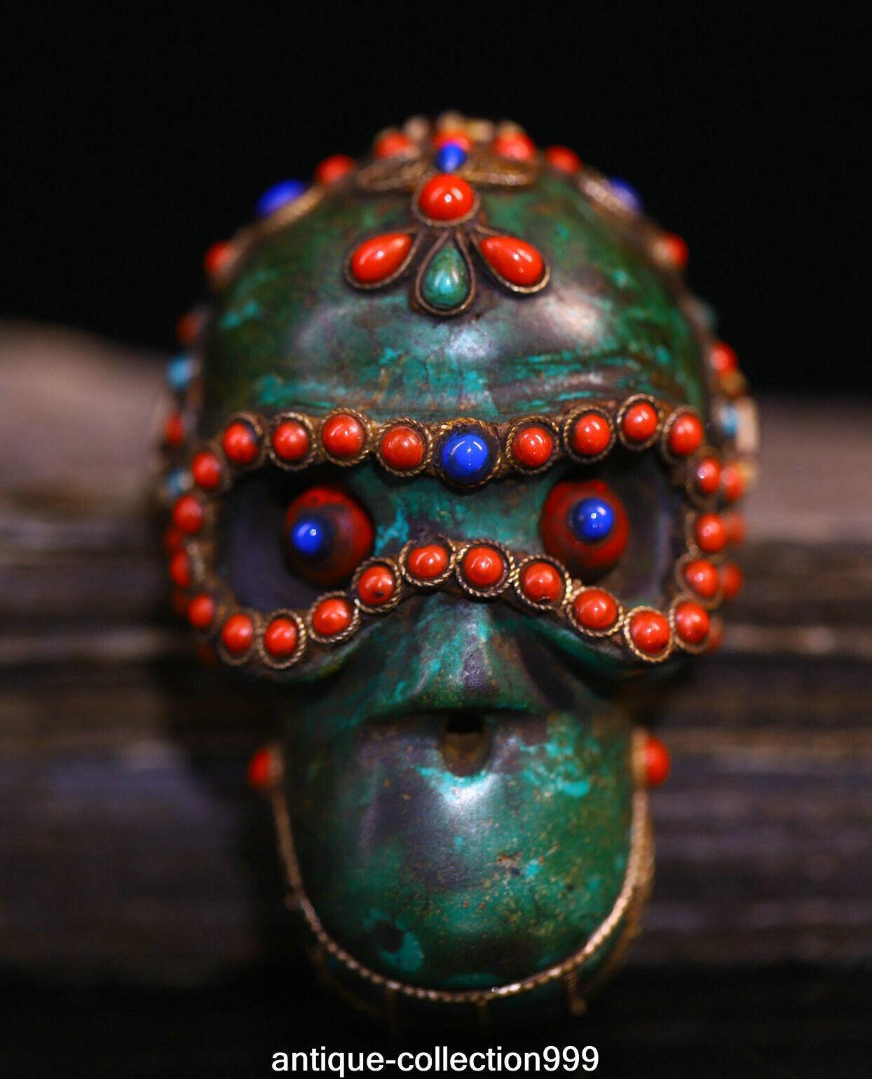 8cm Old Tibet Turquoise Filigree Inlay DZI Gems human Skeleton Skull Head Statue